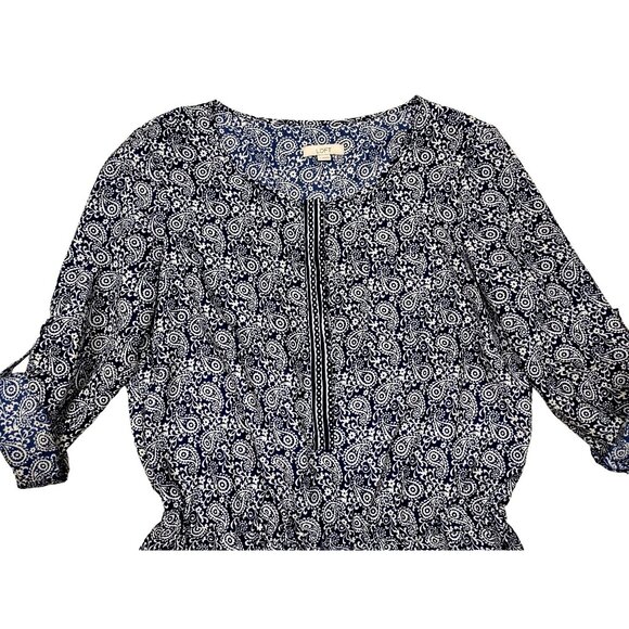 Loft Paisley Romper Blue Long Sleeve Roll Tab Hidden Button Boho Womens Sz 4 - Picture 8 of 8